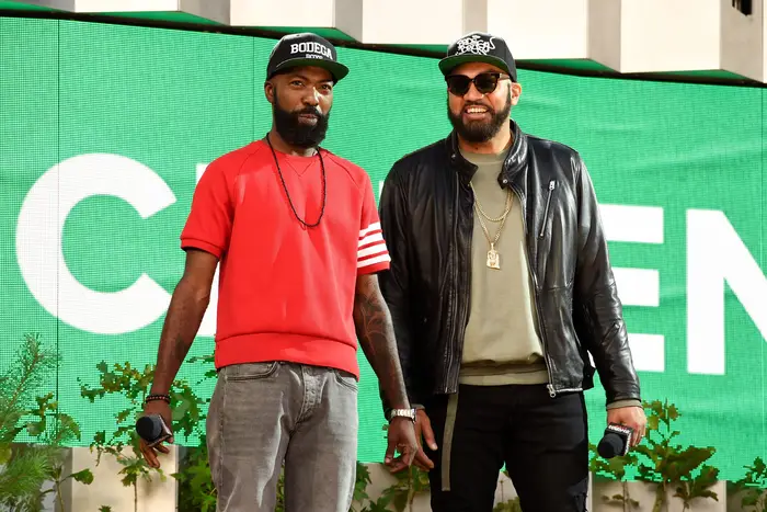 A photo of The Kid Mero, left, and Desus Nice speak at Global Citizen Live in Central Park, in September 2021